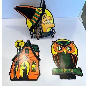 3 vintage Beistle paper Halloween die cut decorations witchs and owl